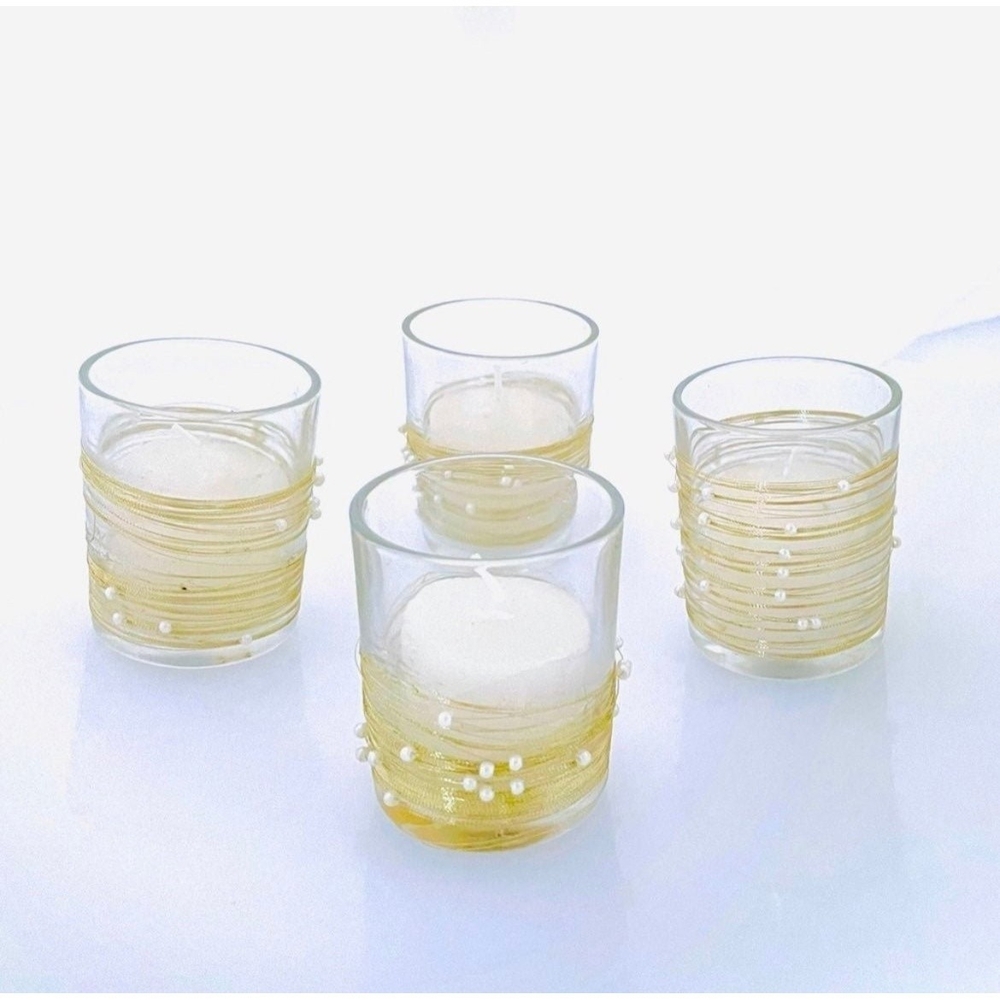 Set of 4 Glass Tea Light Candle Holders with Tea Lights 2.5” Tall NWOT Clear